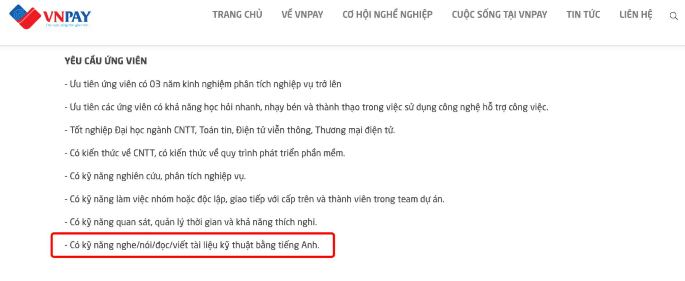 Tin tuyển dụng BA của VNPAY: nghe, nói, đọc, viết tài liệu kỹ thuật bằng tiếng Anh
