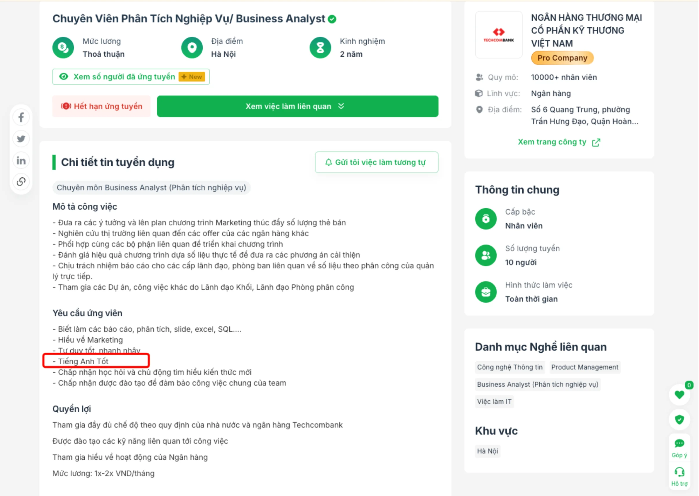 Tin tuyển dụng BA của Techcombank: yêu cầu Tiếng Anh Tốt
